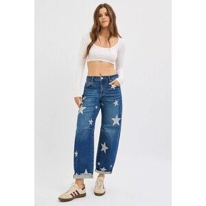 RISEN Mid Rise Ankle Length Relaxed Barrel Star Printed Jeans